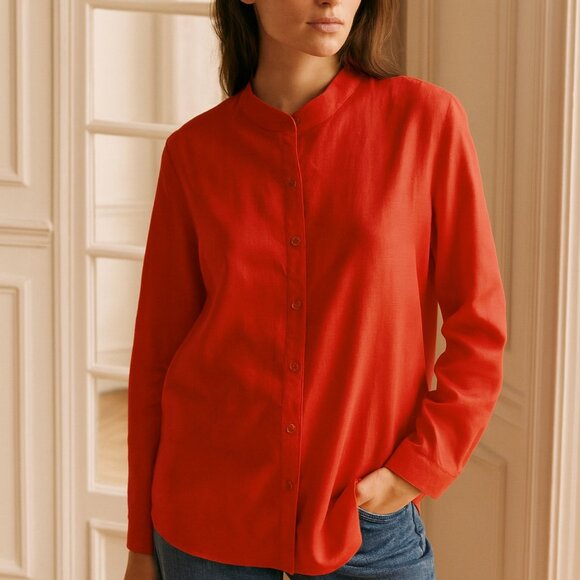 Eileen Fisher Red Linen Button Down Top Medium - Picture 1 of 7